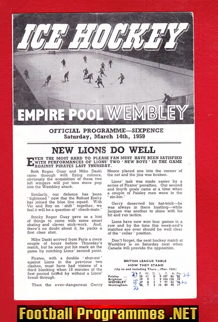 Wembley Ice Hockey v Nottingham 1959