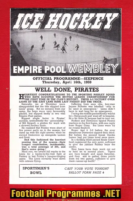 Wembley Ice Hockey v Brighton Tigers 1959