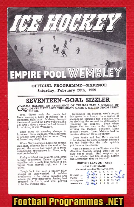 Wembley Ice Hockey v Paisley Pirates 1959