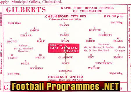 Chelmsford City v Holbeach United 1961 - Reserves Match
