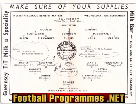 Salisbury Town v Western League 1950s / 60s - Benefit Match