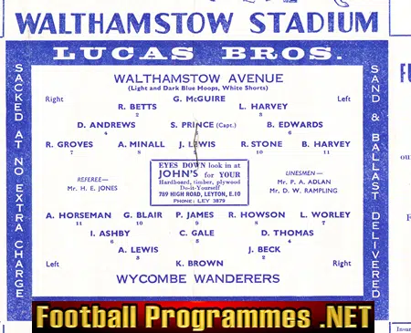 Walthamstow Avenue v Wycombe Wanderers 1962