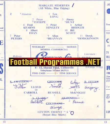 Margate v Leyton Orient 1961 - Reserves Match