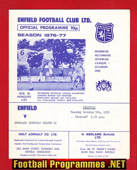 Enfield v Rothmans Isthmian League X1 1976 – Friendly Match
