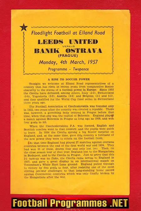 Leeds United v Banik Ostrava 1957 – Floodlight game Elland Road