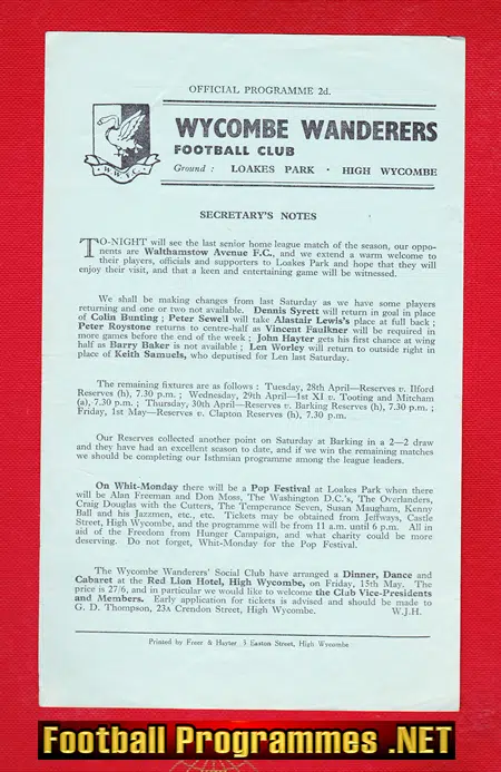Wycombe Wanderers v Walthamstow Avenue 1964 - Reserves Match