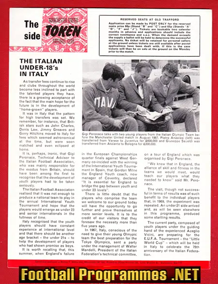 Manchester United v Italian Youth 1972 - Rare Football Programme