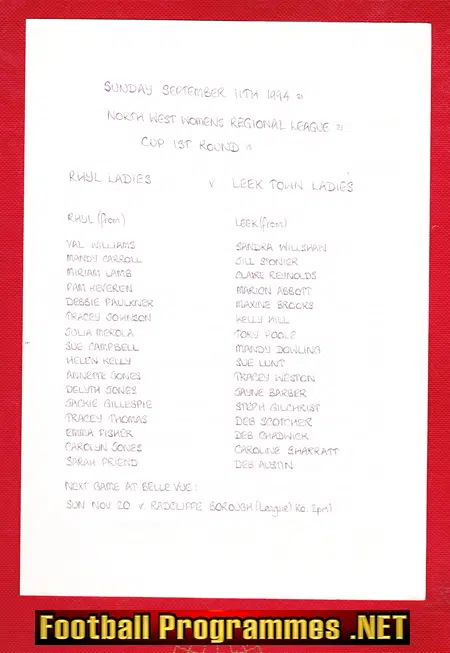 Rhyl Ladies v Leek Town 1994 - Womens Football