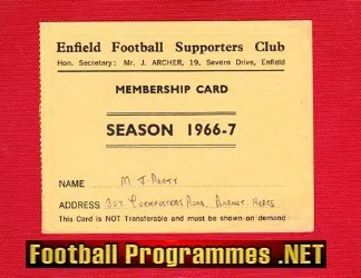 Enfield Football Club Supporter Membership Card 1966 – 1967