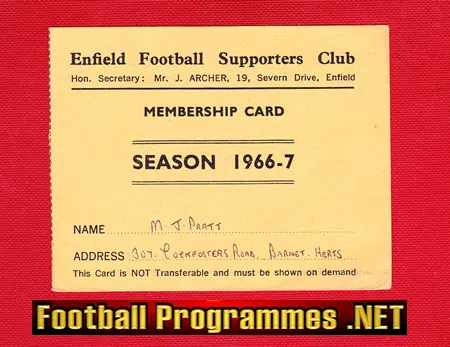Enfield Football Club Supporter Membership Card 1966 – 1967