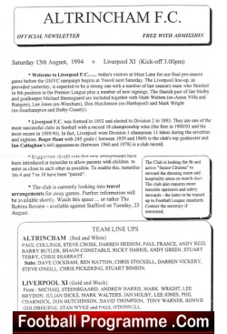 Altrincham v Liverpool 1994 - X1 Friendly Match - football programme