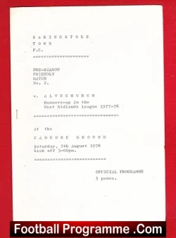 Basingstoke Town v Alvechurch 1978 - Pre Season Friendly Match - football programme