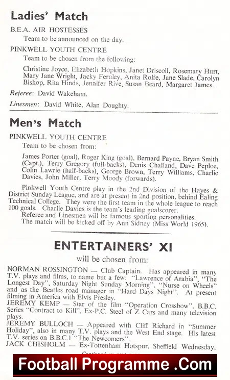 BEA Air Hostesses v Pinkwell Youth Centre Ladies 1967 + Showbiz