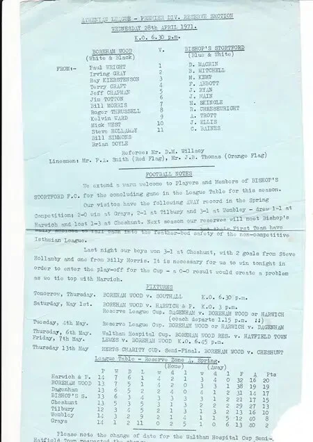 Boreham Wood v Bishops Stortford 1971 – Reserves Match