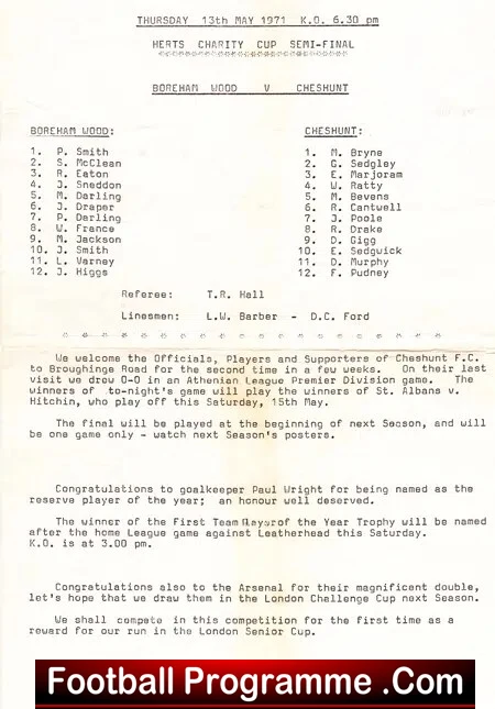 Boreham Wood v Cheshunt 1971 – Herts Charity Semi Final