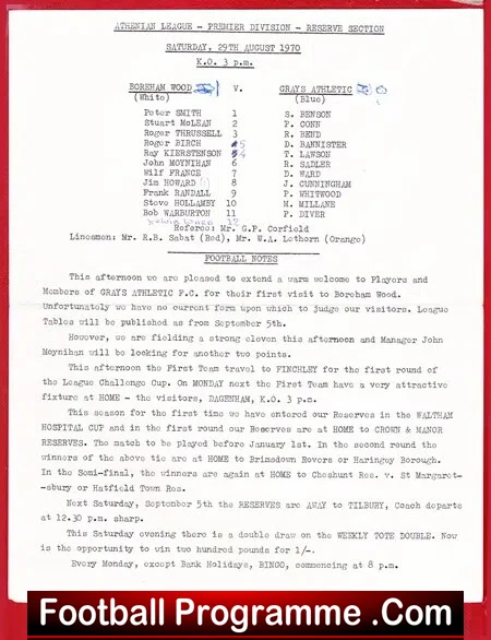 Boreham Wood v Grays Athletic 1970 – Reserves Match