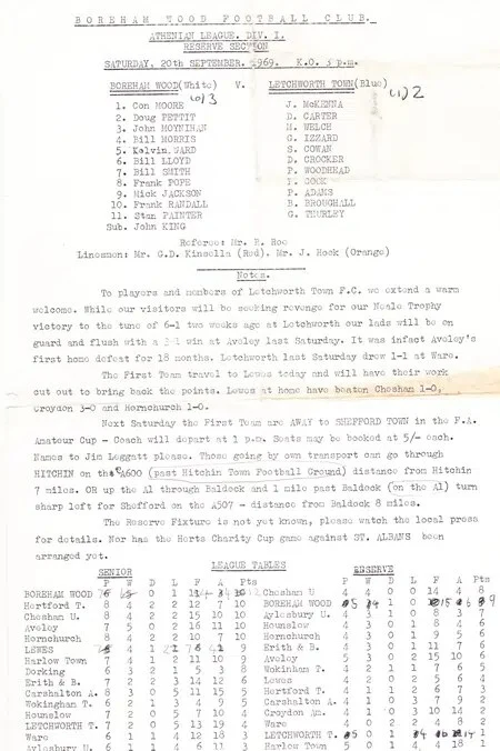 Boreham Wood v Letchworth Town 1969 – Reserves Match