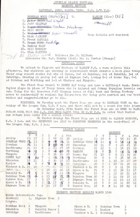 Boreham Wood v Marlow 1969 – Reserves Match