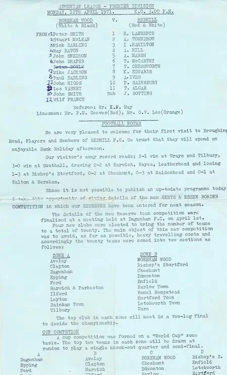 Boreham Wood v Redhill 1971 – Athenian League