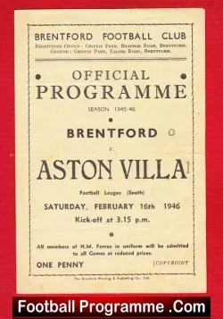 Brentford v Aston Villa 1946 - 1940s Programme - football programme