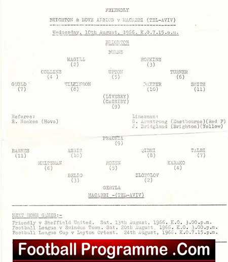 Brighton Hove Albion v Maccabi Haifa 1966 Freindly Israel Jewish