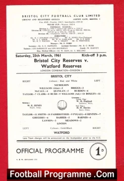 Bristol City v Watford 1961 - London Combination Cup - football programme