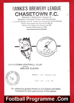 Chasetown v Wolves Wolverhampton 1990 - Friendly Match - football programme