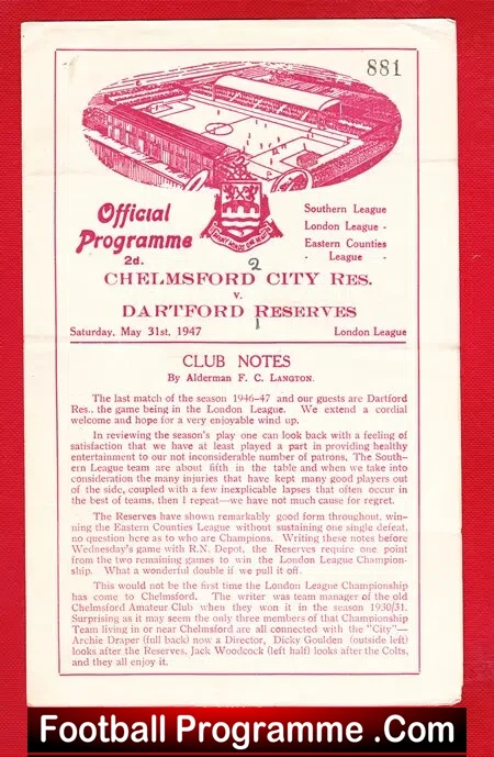 Chelmsford City v Dartford 1947 – Reserves Match 1940s
