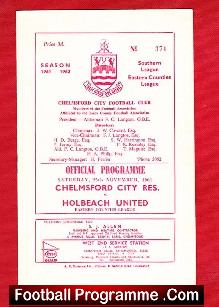 Chelmsford City v Holbeach United 1961 – Reserves Match