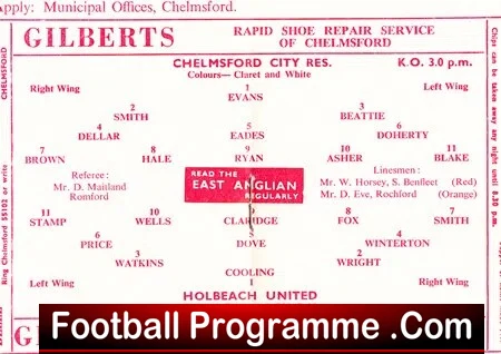 Chelmsford City v Holbeach United 1961 - Reserves Match