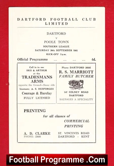 Dartford v Poole Town 1961 - Southern League