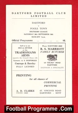 Dartford v Poole Town 1961 - Southern League - football programme