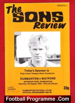 Dumbarton v Watford 1984 - Friendly Match Scotland - football programme