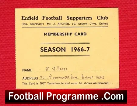 Enfield Football Club Supporter Membership Card 1966 – 1967