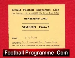 Enfield Football Club Supporter Membership Card 1966 – 1967