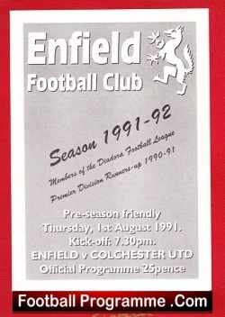 Enfield v Colchester United 1991 - Friendly Match Pre Season - football programme