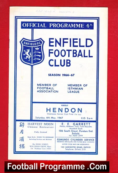 Enfield v Hendon 1967 – Senior Cup Final – Signed