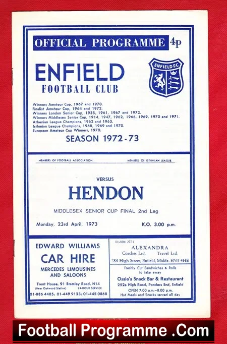 Enfield v Hendon 1973 – Middlesex Senior Cup Final