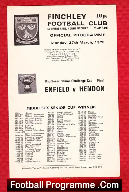 Enfield v Hendon 1978 – Middlesex Senior Cup Final at Finchley