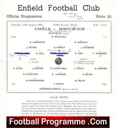 Enfield v Hornchurch 1966 – Single Sheet Practice Match