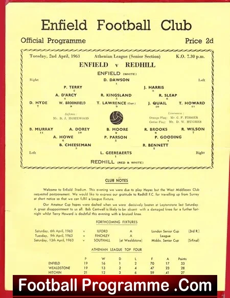 Enfield v Redhill 1963 – Single Sheet