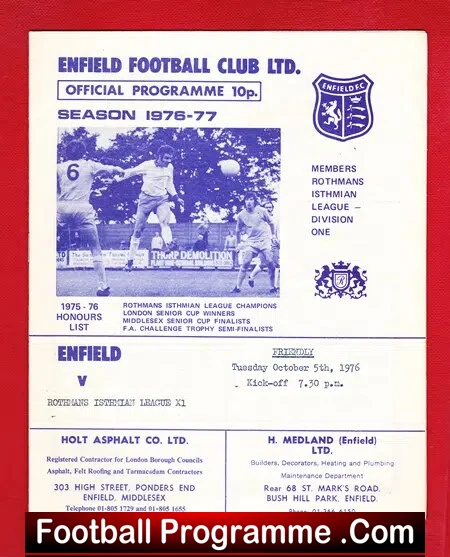 Enfield v Rothmans Isthmian League XI 1976 – Friendly Match