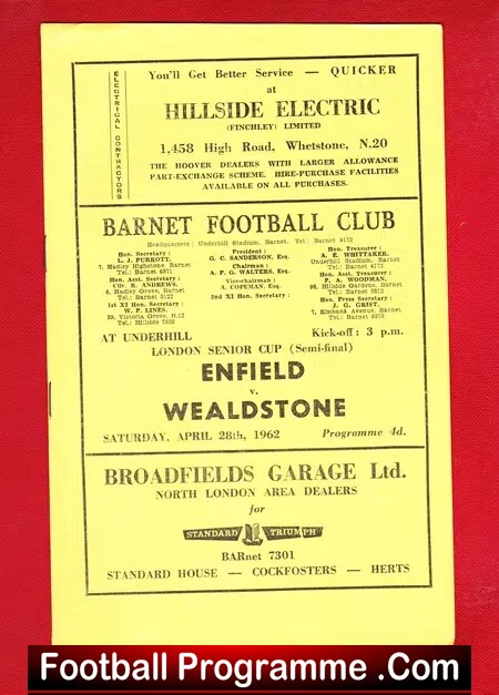 Enfield v Wealdstone 1962 – Senior Cup Semi Final at Barnet