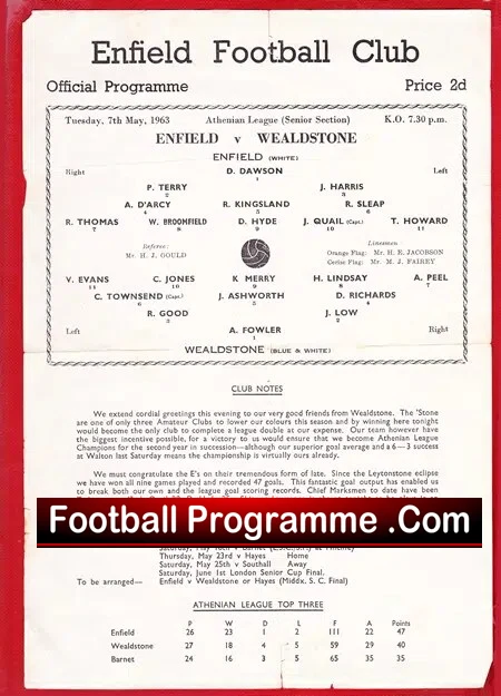 Enfield v Wealdstone 1963 – Single Sheet