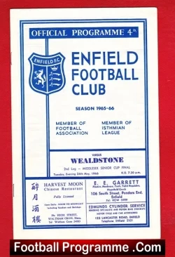 Enfield v Wealdstone 1966 - Middlesex Senior Cup Final - football programme