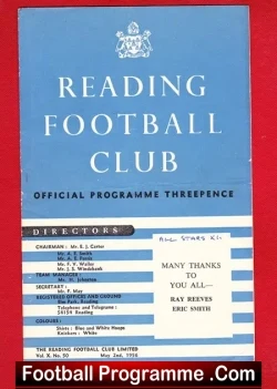 Eric Smith + Ray Reeves Testimonial Benefit Match Reading 1956 - football programme