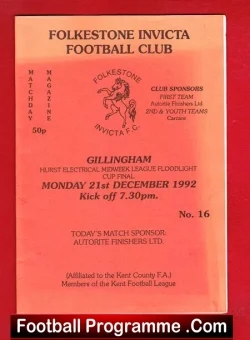 Folkestone Invicta v Gillingham 1992 - Cup Final - football programme