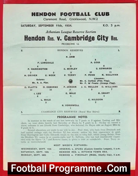 Hendon v Cambridge City 1954 – Reserves Match – Single Sheet