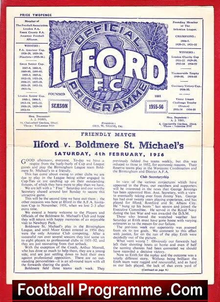 Ilford v Boldmere St Michaels 1956 – Friendly Game