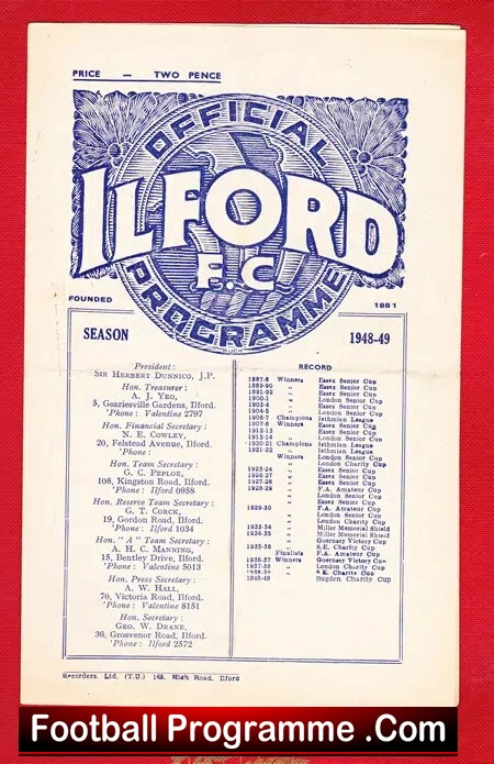 Ilford v Chingford Town 1948 – 1940s Match Programme